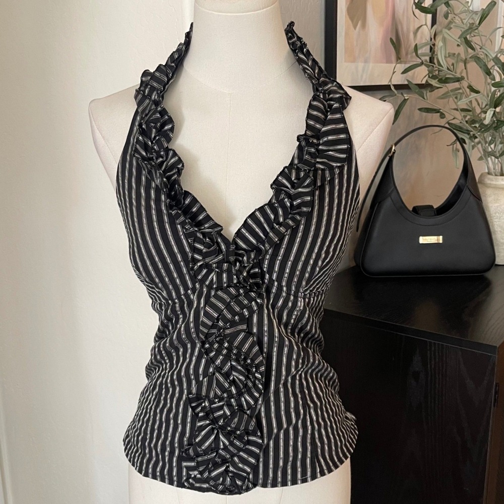 Truth Halter Top Women Small Black White Striped Excellent Ruffle Smocked Y2K